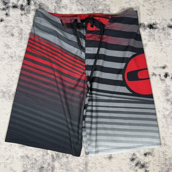 Y2K Oakley Red Gray Stripes Board Shorts - Picture 1 of 3
